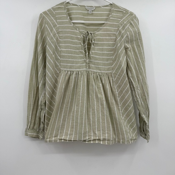 Lucky Brand Top Women Medium Green Beige Long Sleeve Stripes Tie Front Keyhole - Picture 1 of 10